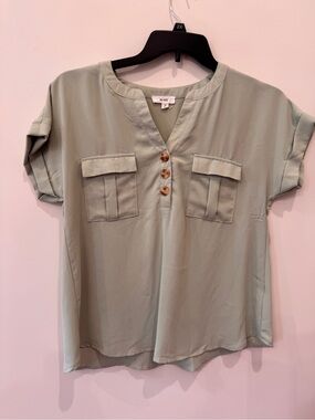 MINE Light Sage Green Short Sleeve Pocket Blouse
